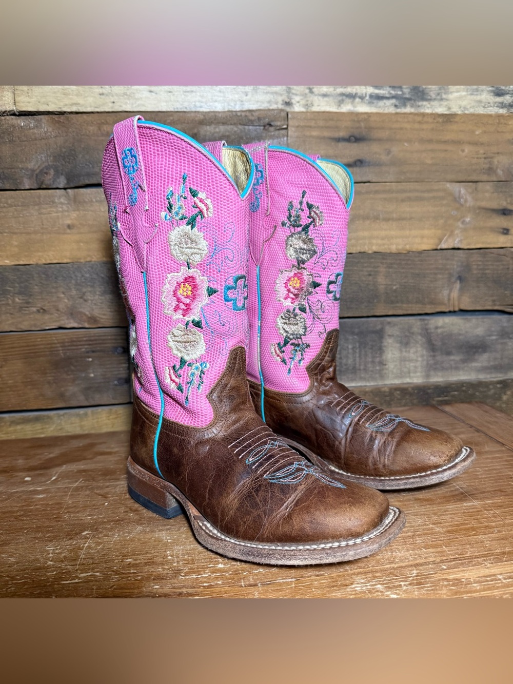 Macie Bean Cowgirl Boots Child’s Sz 13 Square Toe  Brown w/Pink Floral Design